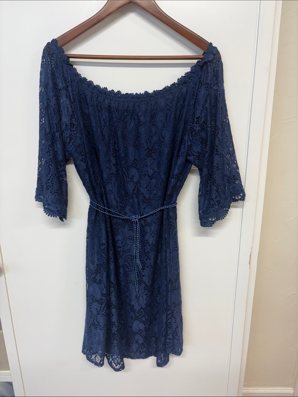 Lace Off-Shoulder Mini Dress in Navy